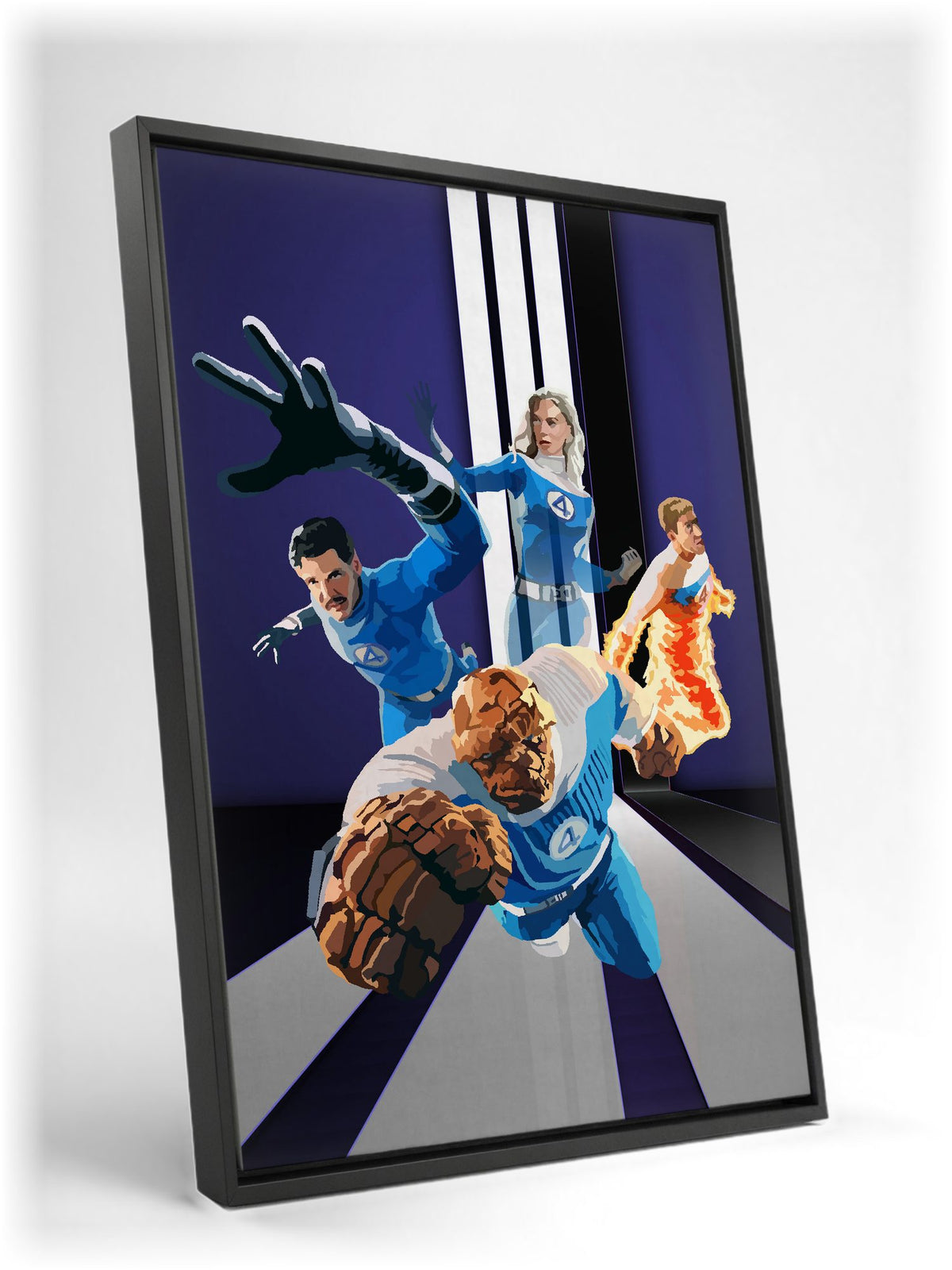 The Fantastic Four: First Steps (2025) Movie Retro Art as a black floater framed canvas leaning against a wall