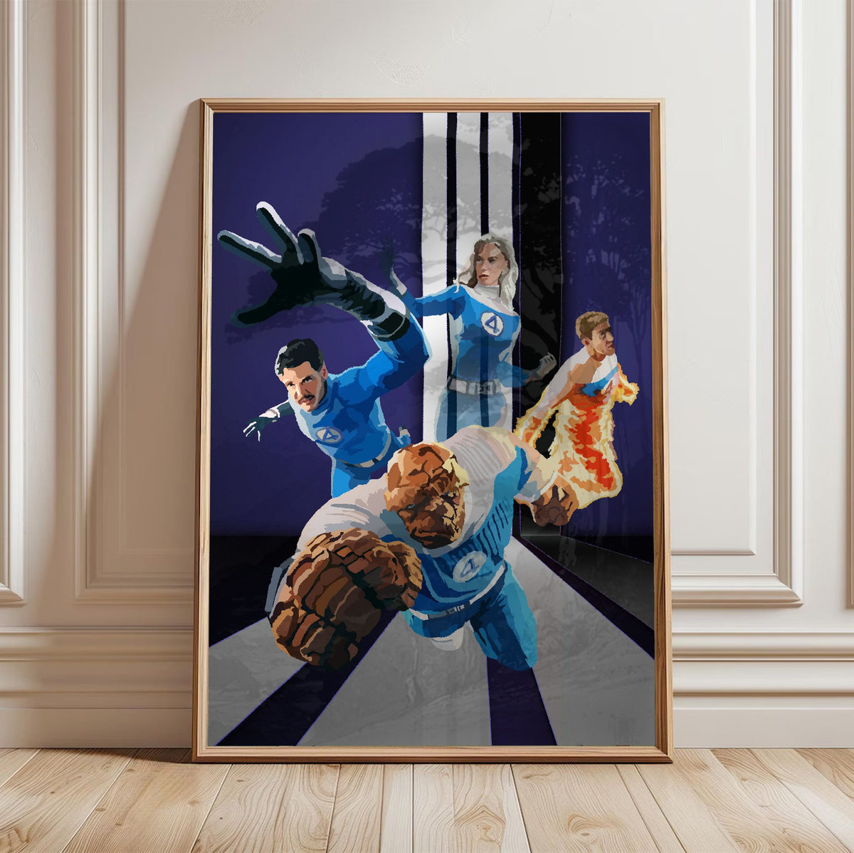 The Fantastic Four: First Steps (2025) Movie Retro Art poster in a light oak frame leaning against a white wall