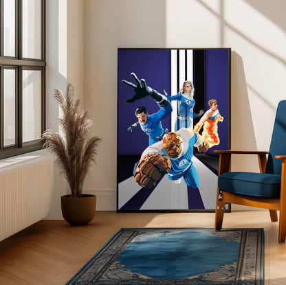 The Fantastic Four: First Steps (2025) Movie Retro Art poster framed beside a blue armchair in a sunlit room