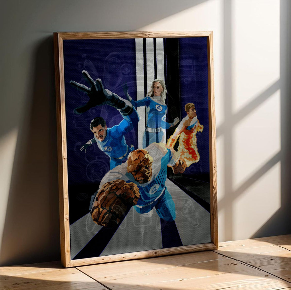 The Fantastic Four: First Steps (2025) Movie Retro Art poster in an oak frame leaning on a wooden floor