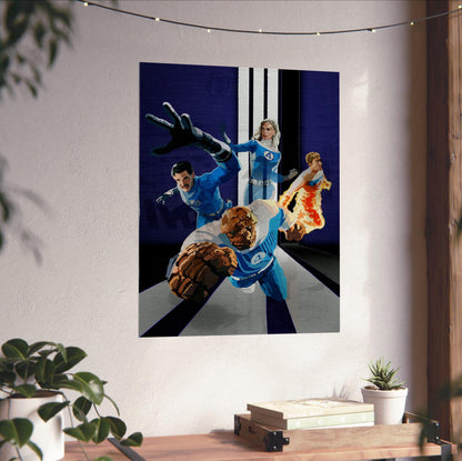 The Fantastic Four: First Steps (2025) Movie Retro Art poster unframed on a white wall above a desk