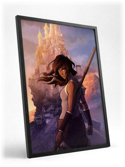The Legend of Korra Korra Art poster in a black frame with glass leaning against a wall