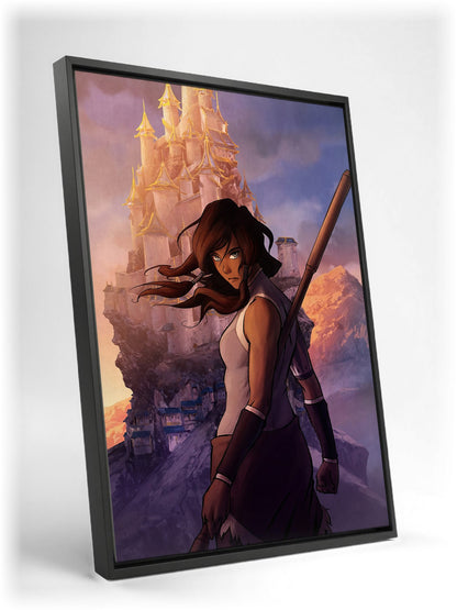 The Legend of Korra Korra Art as a black floater framed canvas leaning against a wall