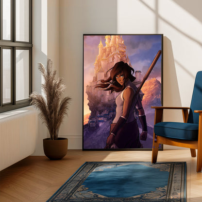 The Legend of Korra Korra Art poster framed beside a blue armchair in a sunlit room