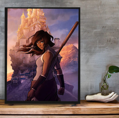 The Legend of Korra Korra Art poster in a black frame on a wooden shelf against concrete