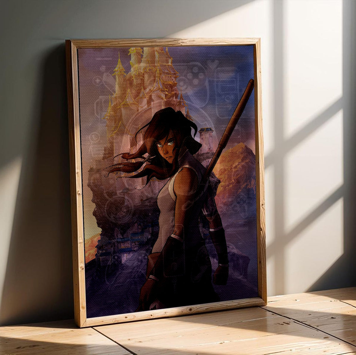 The Legend of Korra Korra Art poster in an oak frame leaning on a wooden floor