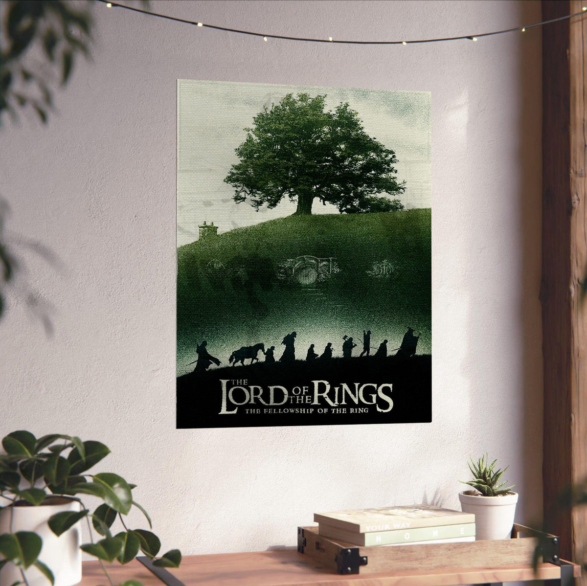 The Lord of the Rings: The Fellowship of the Ring (2001) Shire Tree Art poster unframed on a white wall above a desk