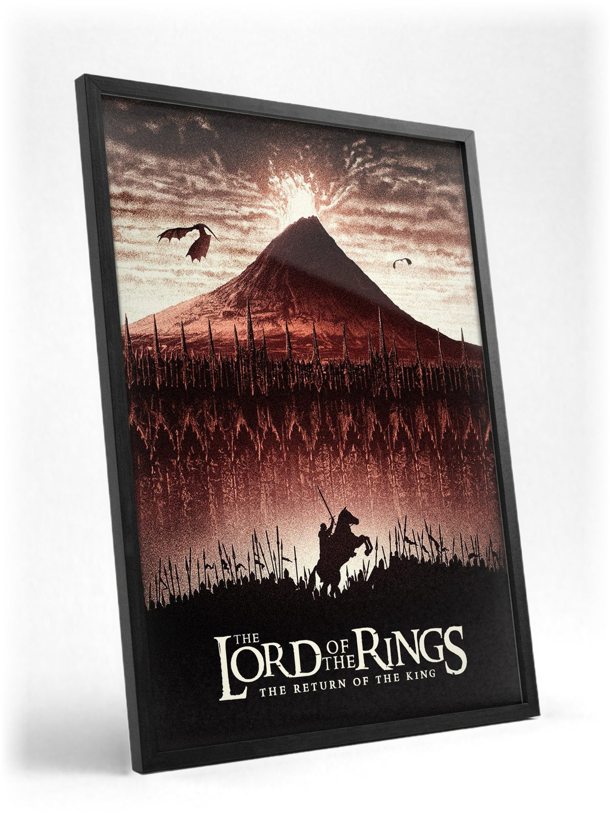 The Lord of the Rings: The Return of the King (2003) Mount Doom Art poster in a black frame with glass leaning against a wall