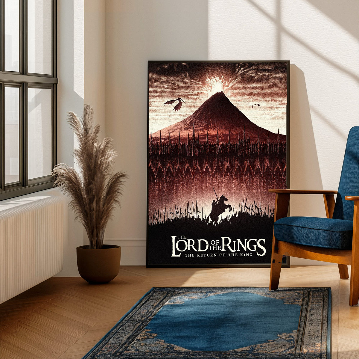 The Lord of the Rings: The Return of the King (2003) Mount Doom Art poster framed beside a blue armchair in a sunlit room