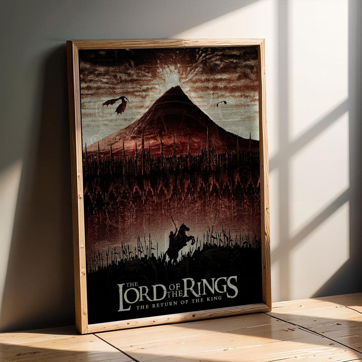 The Lord of the Rings: The Return of the King (2003) Mount Doom Art poster in an oak frame leaning on a wooden floor