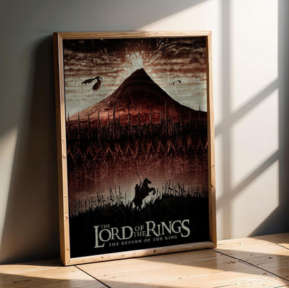 The Lord of the Rings: The Return of the King (2003) Mount Doom Art poster in an oak frame leaning on a wooden floor