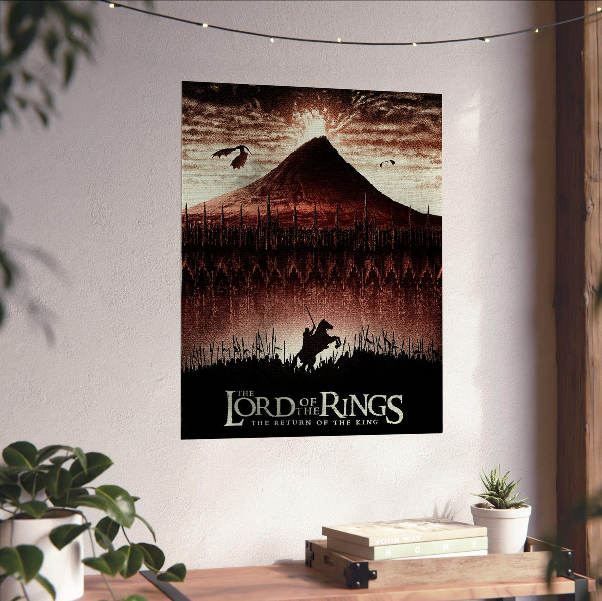 The Lord of the Rings: The Return of the King (2003) Mount Doom Art poster unframed on a white wall above a desk