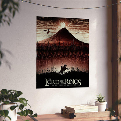 The Lord of the Rings: The Return of the King (2003) Mount Doom Art poster unframed on a white wall above a desk