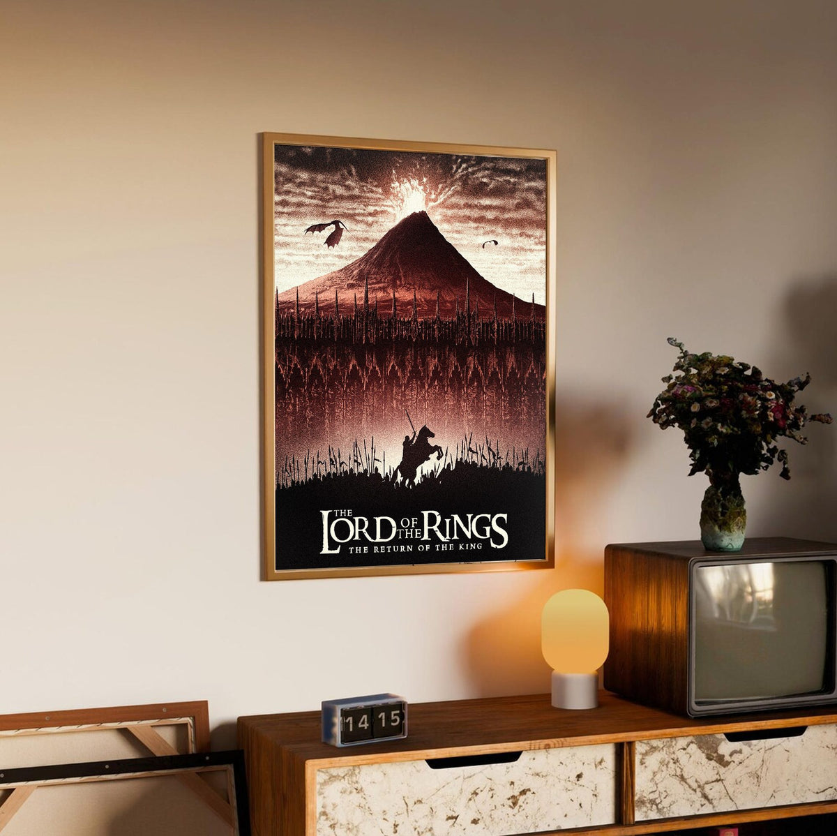The Lord of the Rings: The Return of the King (2003) Mount Doom Art poster in an oak frame above a sideboard