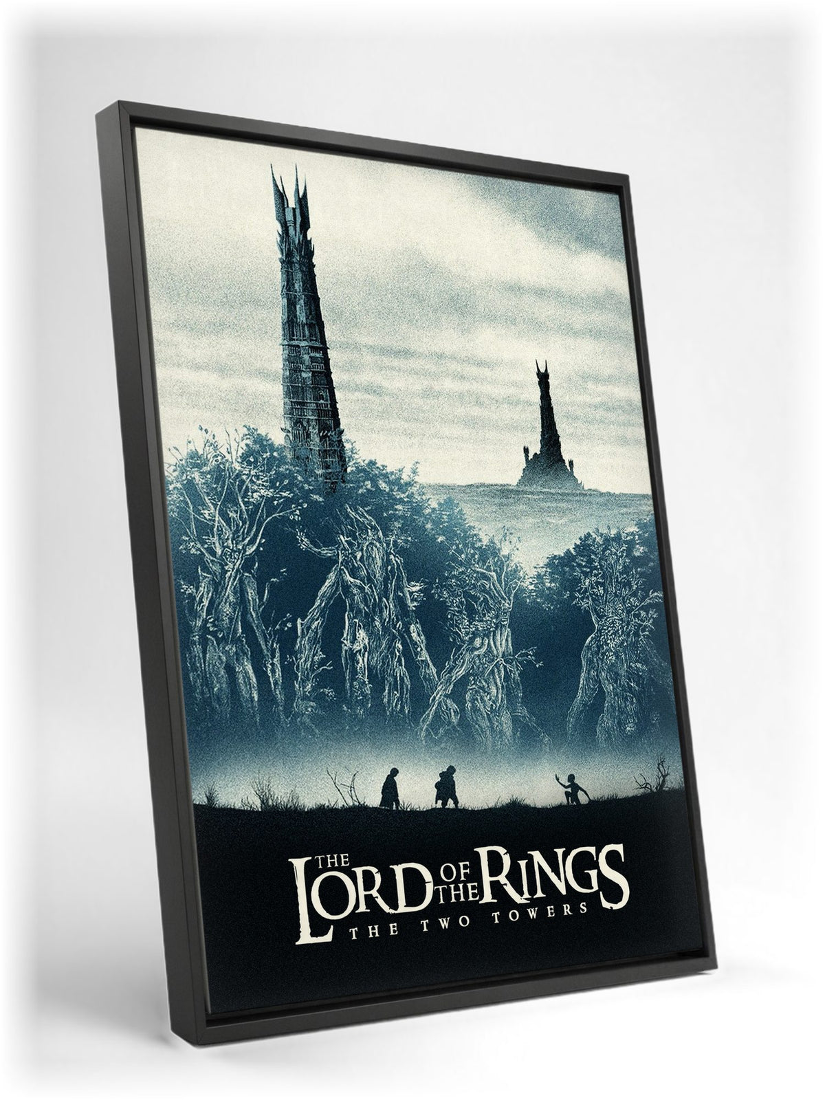 The Lord of the Rings: The Two Towers (2002) Movie Two Towers Art as a black floater framed canvas leaning against a wall