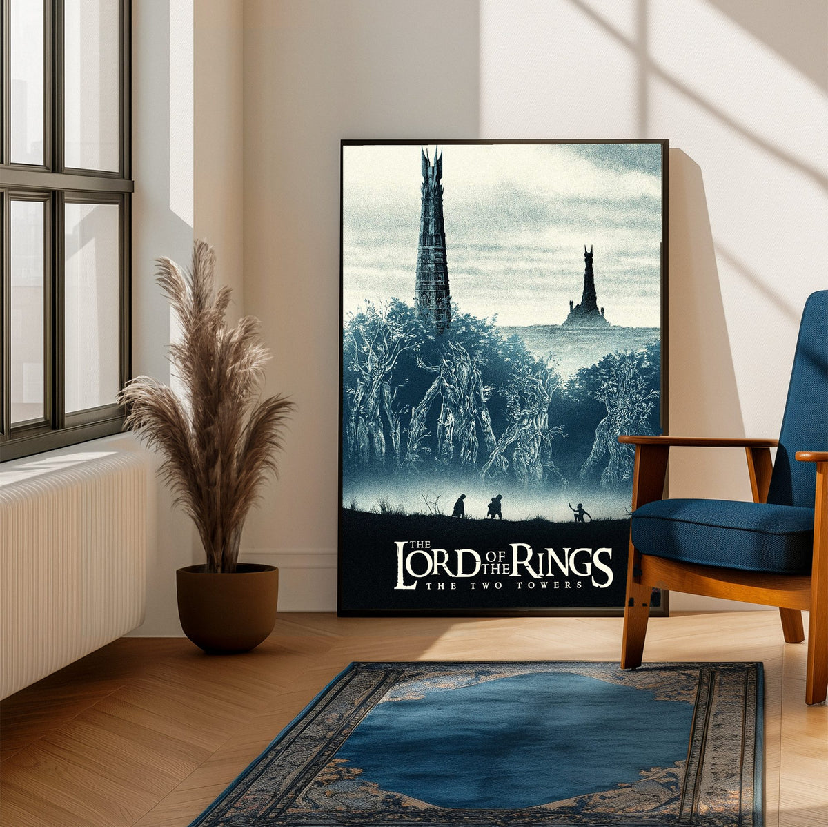 The Lord of the Rings: The Two Towers (2002) Movie Two Towers Art poster framed beside a blue armchair in a sunlit room