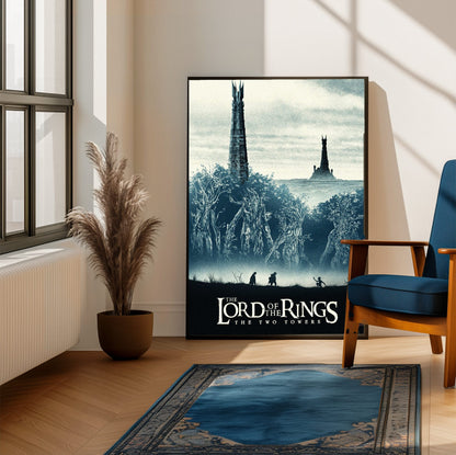 The Lord of the Rings: The Two Towers (2002) Movie Two Towers Art poster framed beside a blue armchair in a sunlit room