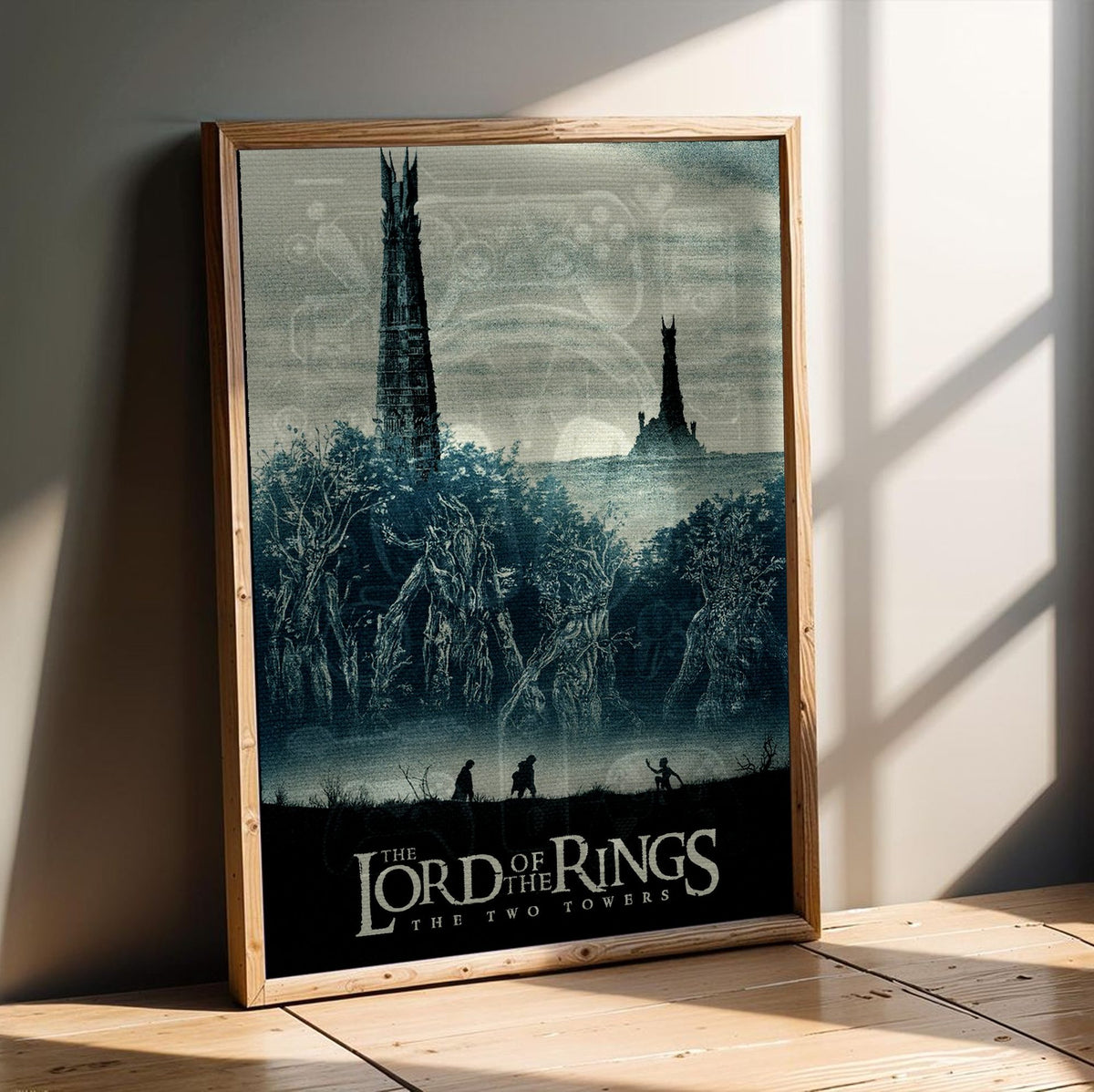 The Lord of the Rings: The Two Towers (2002) Movie Two Towers Art poster in an oak frame leaning on a wooden floor
