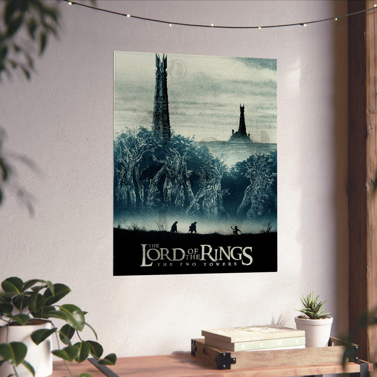 The Lord of the Rings: The Two Towers (2002) Movie Two Towers Art poster unframed on a white wall above a desk