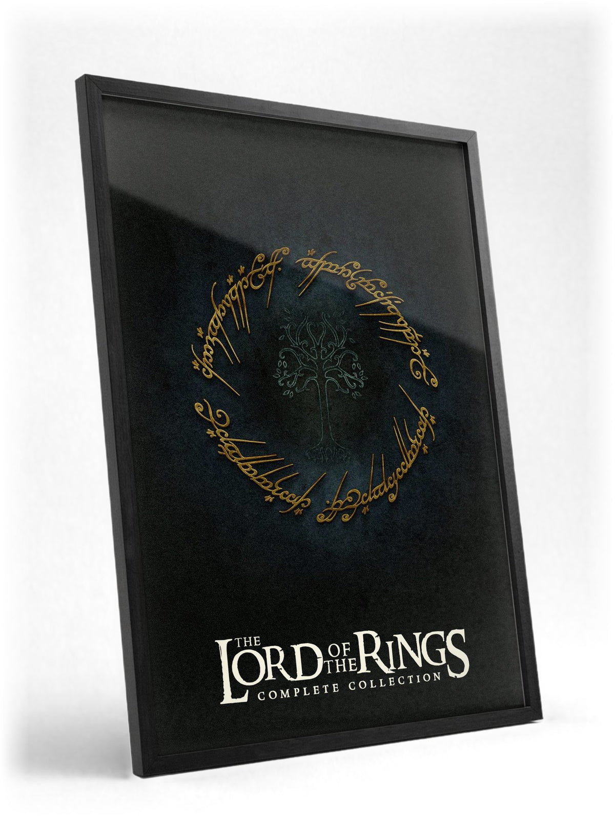 The Lord of the Rings Trilogy Movie One Ring Art poster in a black frame with glass leaning against a wall