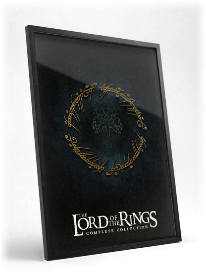 The Lord of the Rings Trilogy Movie One Ring Art poster in a black frame with glass leaning against a wall