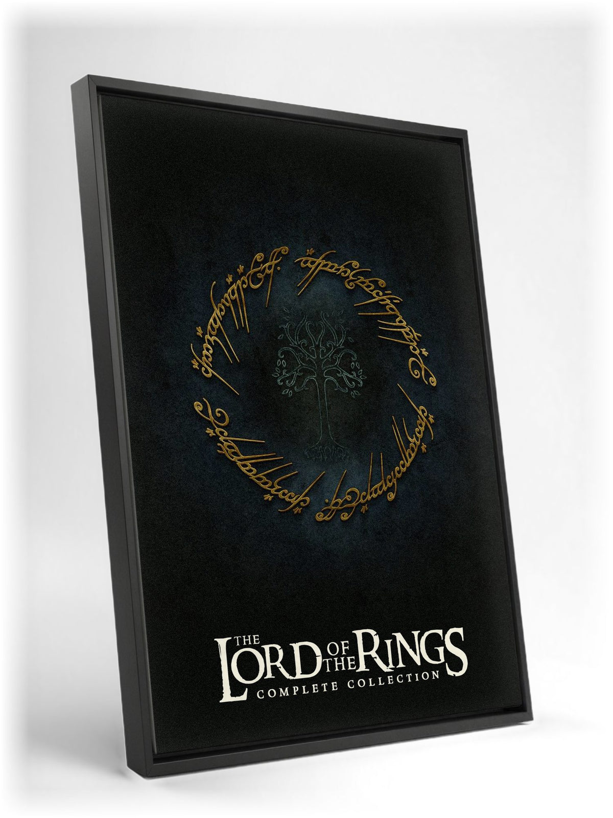 The Lord of the Rings Trilogy Movie One Ring Art as a black floater framed canvas leaning against a wall