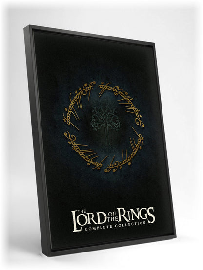 The Lord of the Rings Trilogy Movie One Ring Art as a black floater framed canvas leaning against a wall