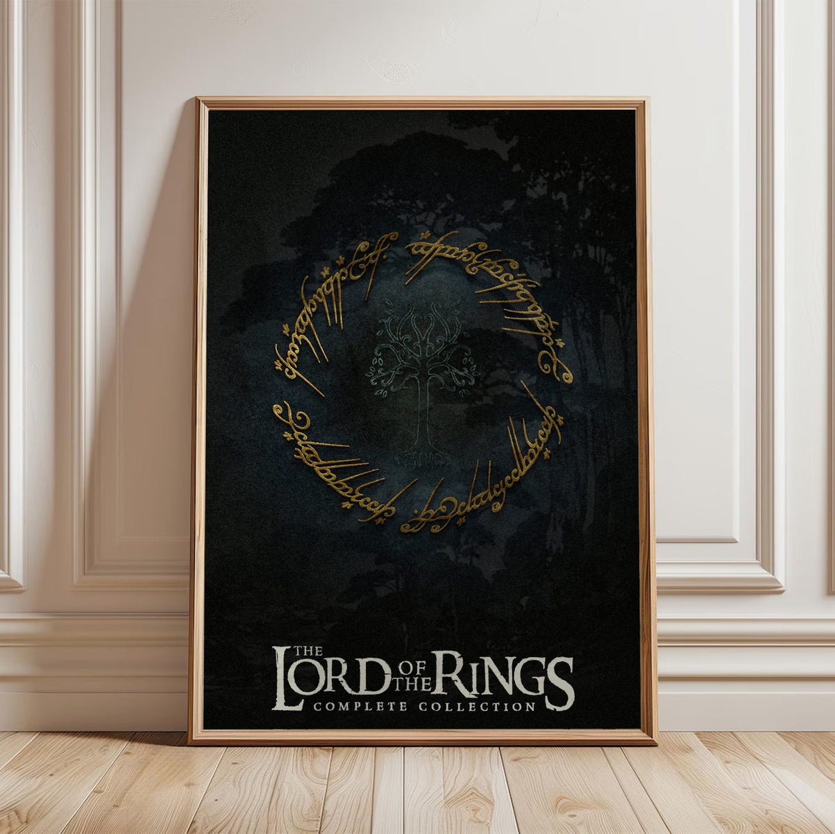 The Lord of the Rings Trilogy Movie One Ring Art poster in a light oak frame leaning against a white wall
