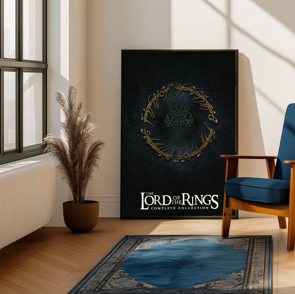 The Lord of the Rings Trilogy Movie One Ring Art poster framed beside a blue armchair in a sunlit room