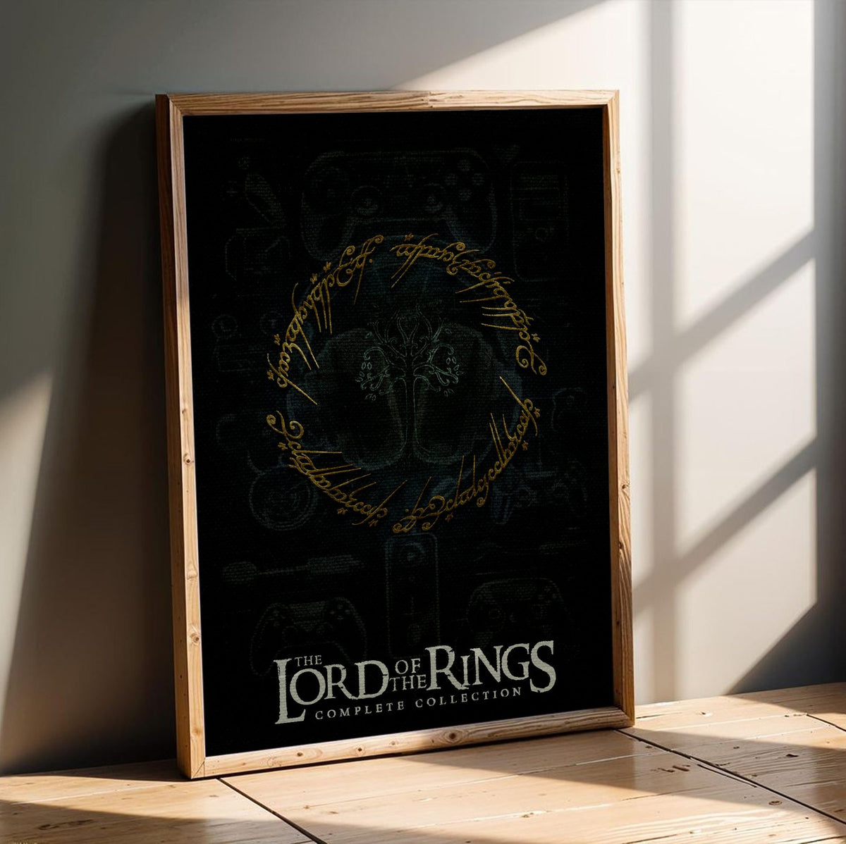 The Lord of the Rings Trilogy Movie One Ring Art poster in an oak frame leaning on a wooden floor