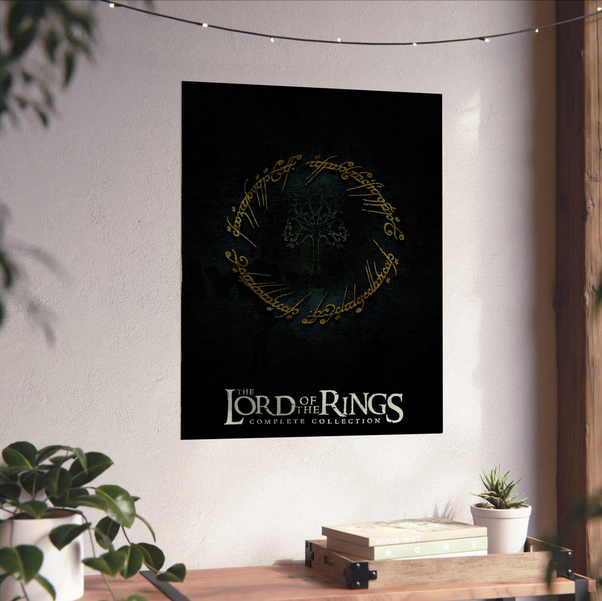 The Lord of the Rings Trilogy Movie One Ring Art poster unframed on a white wall above a desk