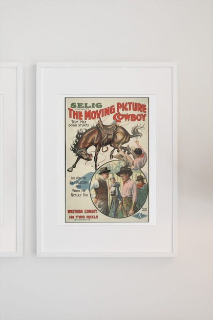 The Moving Picture Cowboy Tom Mix poster on a light wall