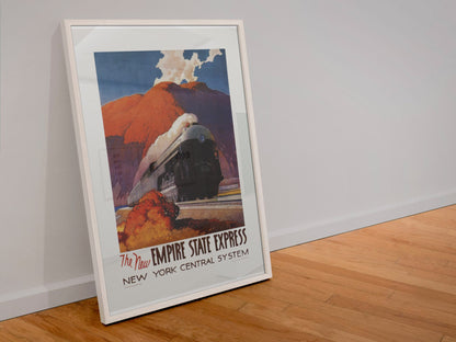 Empire State Express poster in a white frame leaning against a wall