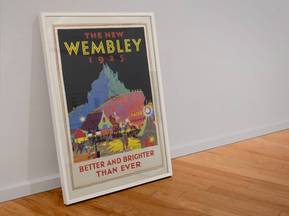 The New Wembley 1925 poster in a white frame leaning against a wall