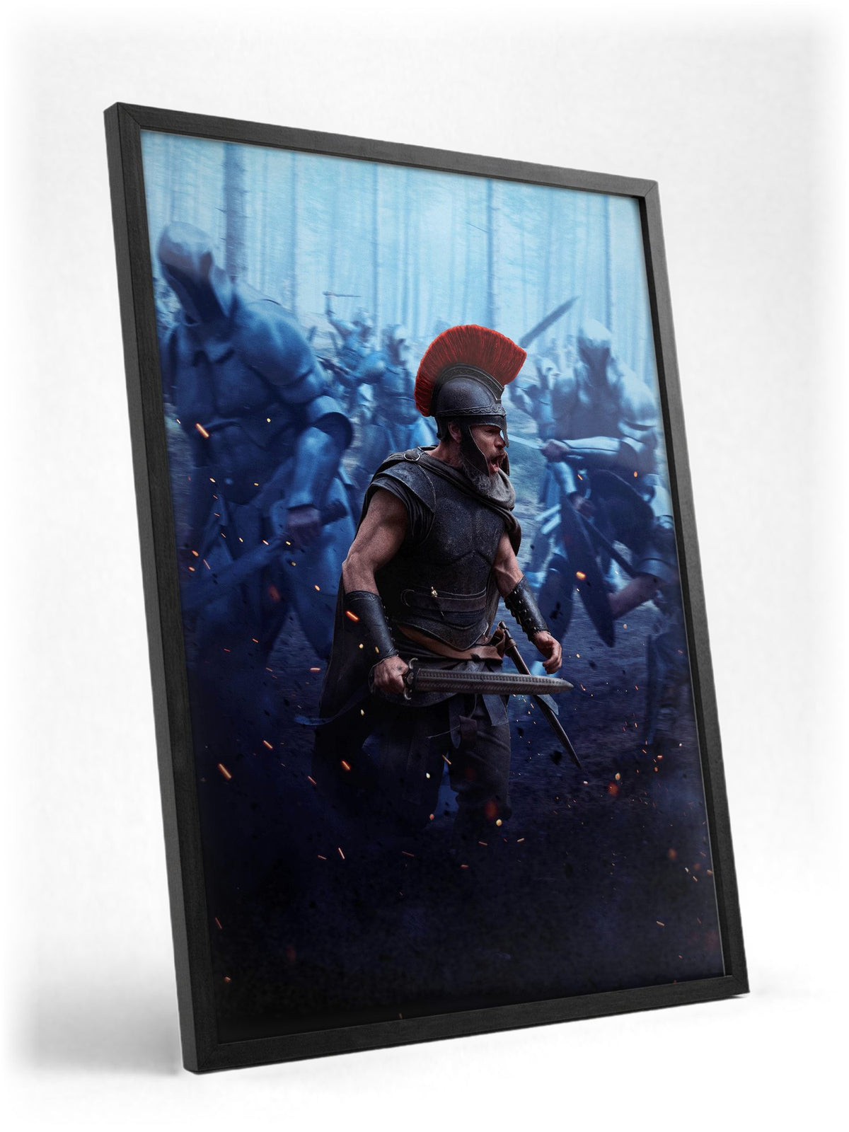The Odyssey (2026) Movie Battle Art poster in a black frame with glass leaning against a wall