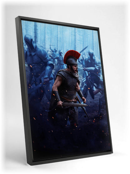 The Odyssey (2026) Movie Battle Art as a black floater framed canvas leaning against a wall