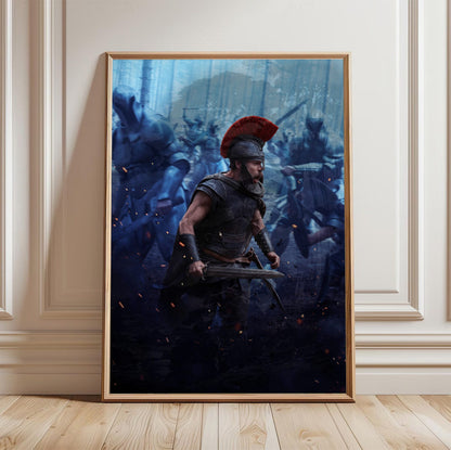 The Odyssey (2026) Movie Battle Art poster in a light oak frame leaning against a white wall