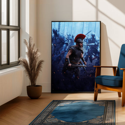 The Odyssey (2026) Movie Battle Art poster framed beside a blue armchair in a sunlit room