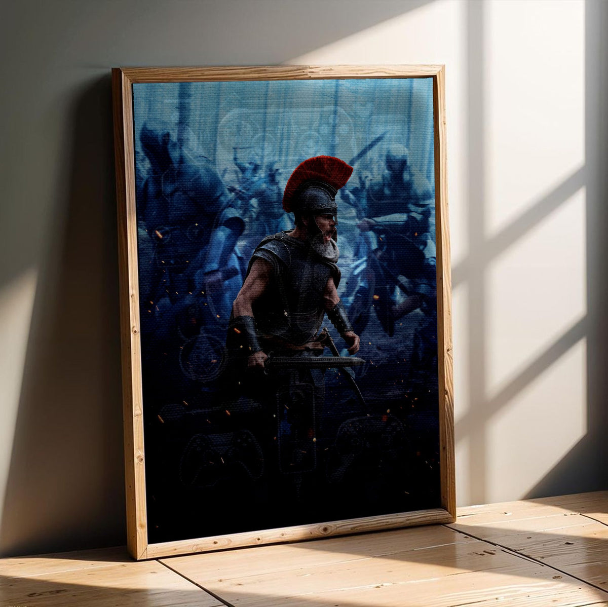 The Odyssey (2026) Movie Battle Art poster in an oak frame leaning on a wooden floor