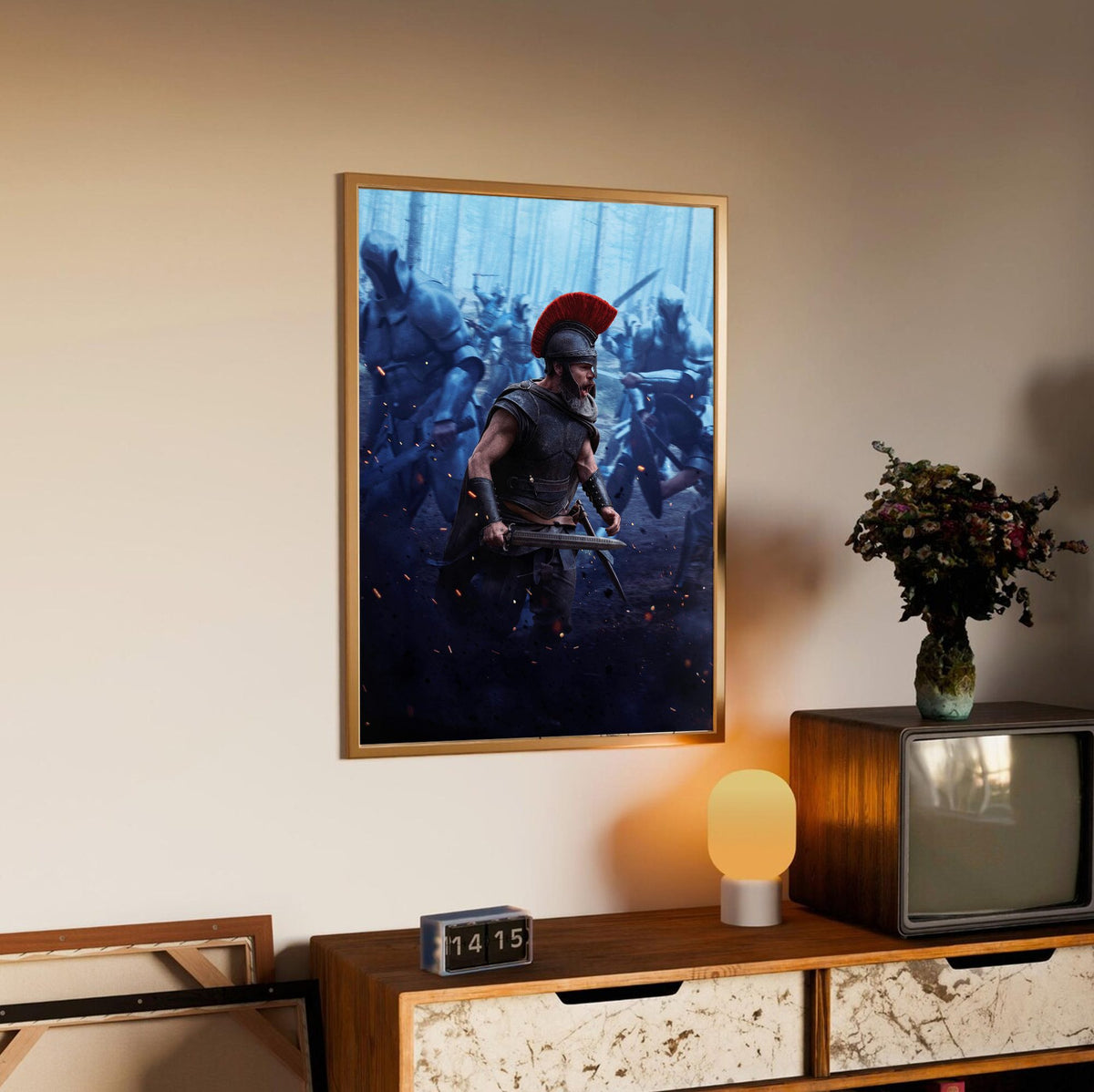 The Odyssey (2026) Movie Battle Art poster in an oak frame above a sideboard