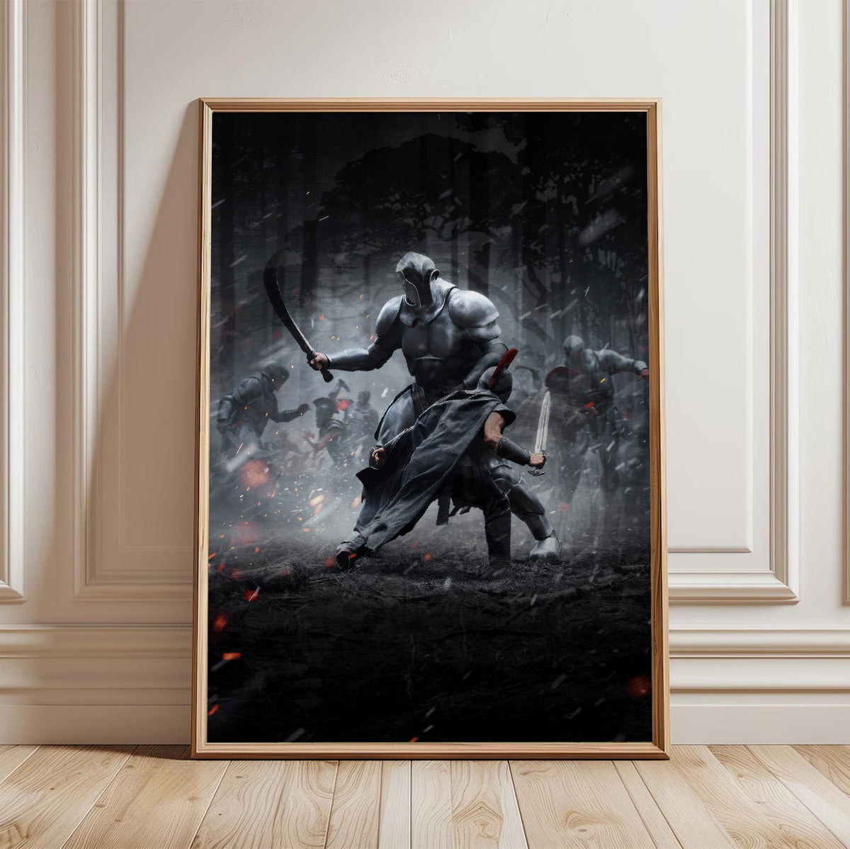 The Odyssey (2026) Movie Key Art poster in a light oak frame leaning against a white wall