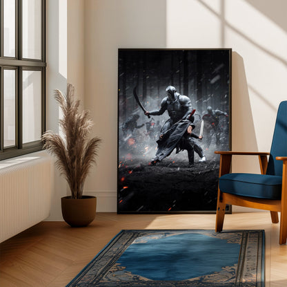 The Odyssey (2026) Movie Key Art poster framed beside a blue armchair in a sunlit room