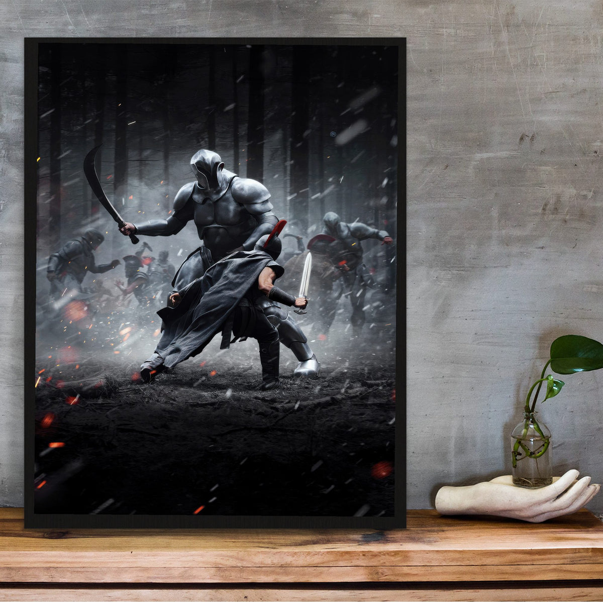 The Odyssey (2026) Movie Key Art poster in a black frame on a wooden shelf against concrete