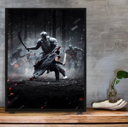 The Odyssey (2026) Movie Key Art poster in a black frame on a wooden shelf against concrete