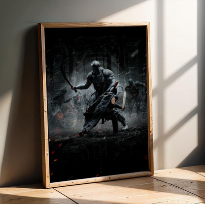 The Odyssey (2026) Movie Key Art poster in an oak frame leaning on a wooden floor