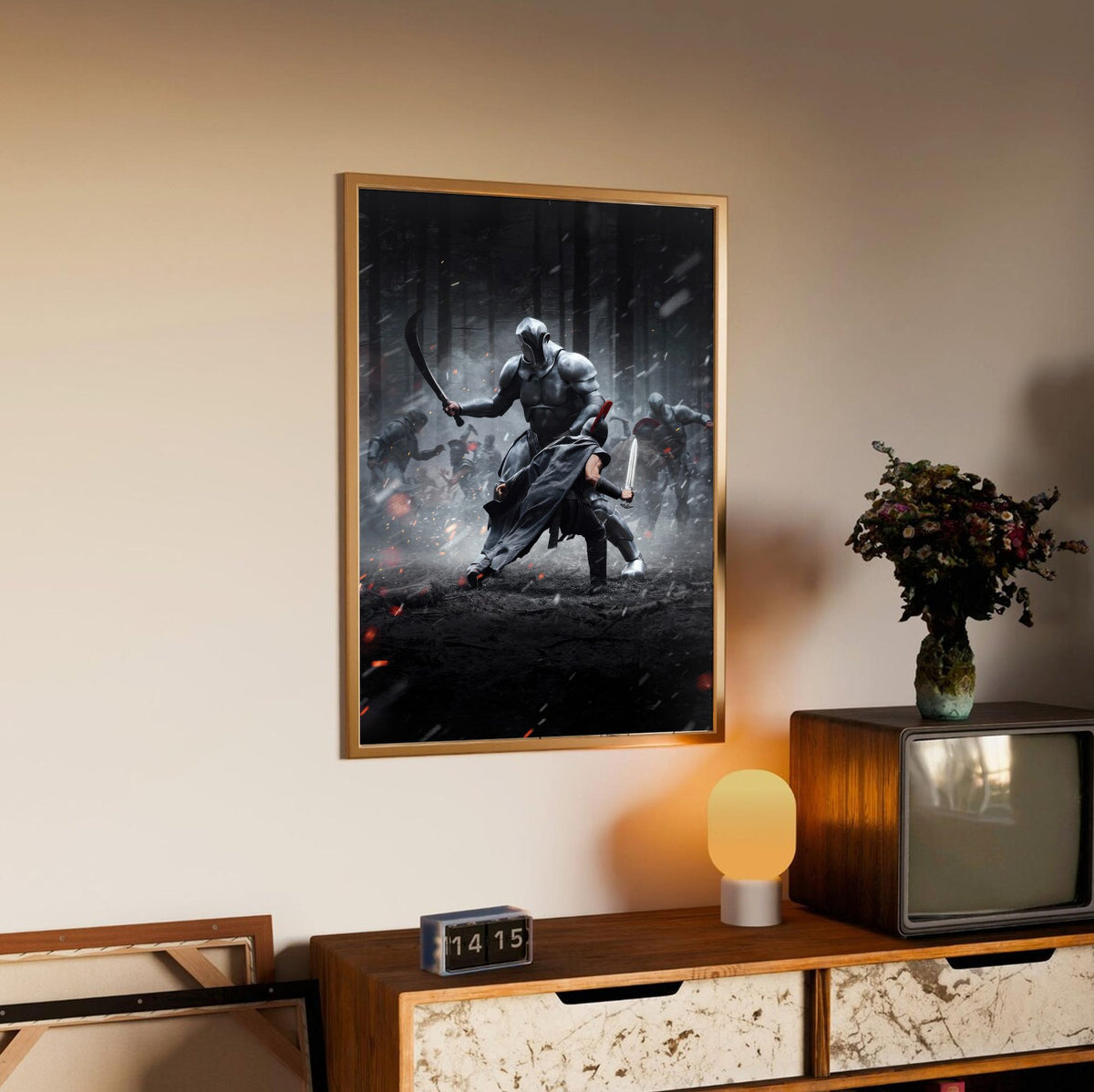The Odyssey (2026) Movie Key Art poster in an oak frame above a sideboard