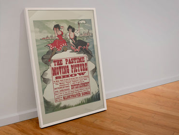 The Pastime Moving Picture Show poster in a white frame leaning against a wall