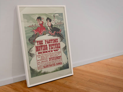 The Pastime Moving Picture Show poster in a white frame leaning against a wall