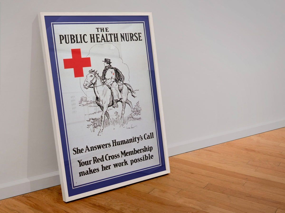 The Public Health Nurse poster in a white frame leaning against a wall