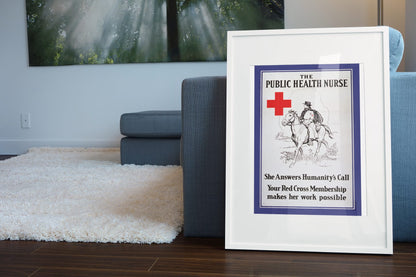 The Public Health Nurse poster leaning beside a blue sofa
